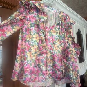 TCEC Floral Ruffle Blouse - Pink, Yellow, Green